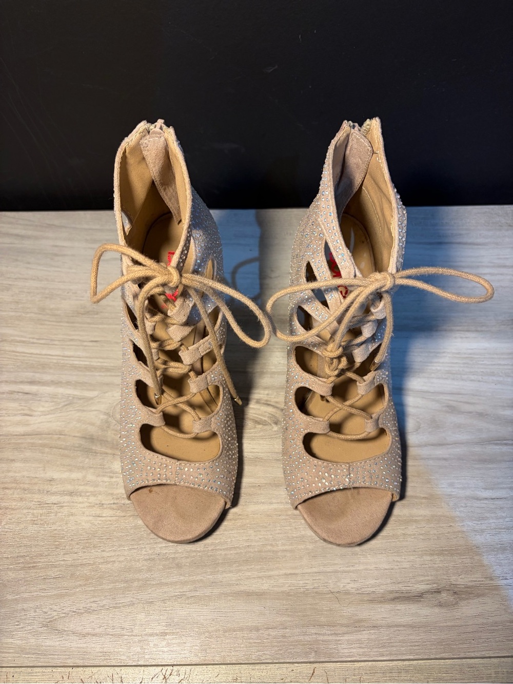 BONGO Blush Lace-Up Peep Toe Heels with Rhinestone Detail
